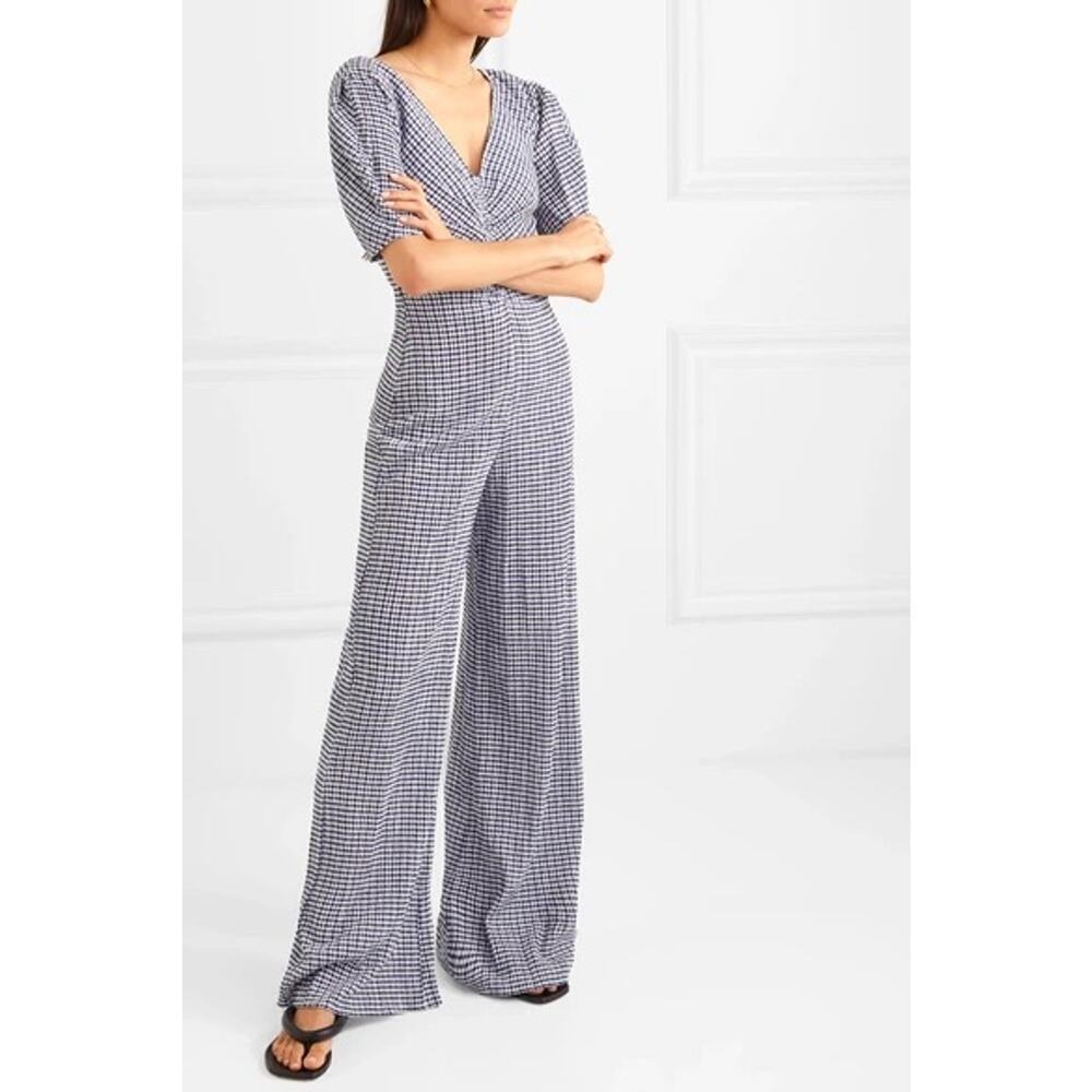 NWT STAUD Fraise Jumpsuit Dark Navy Gingham Sz 0 Wide Leg Puff Sleeve Seersucker
